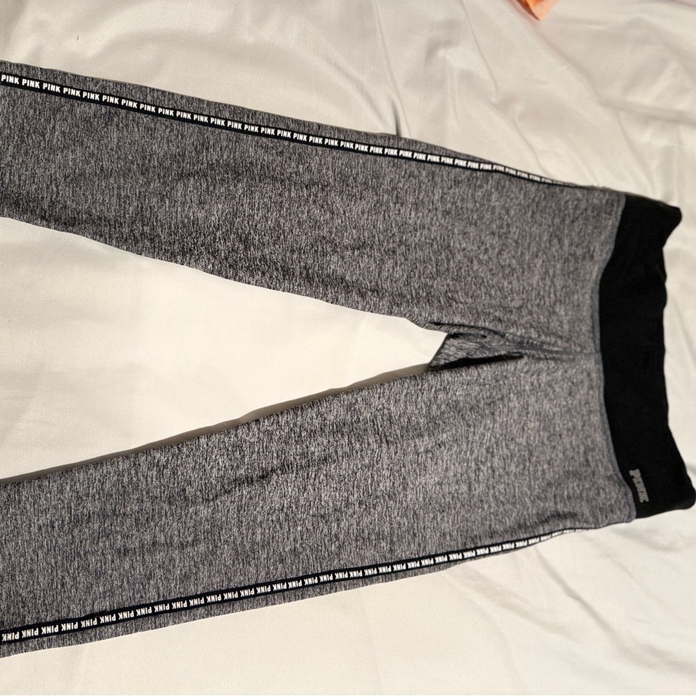 PINK Grey Marled Leggings with Black Waistband cropped